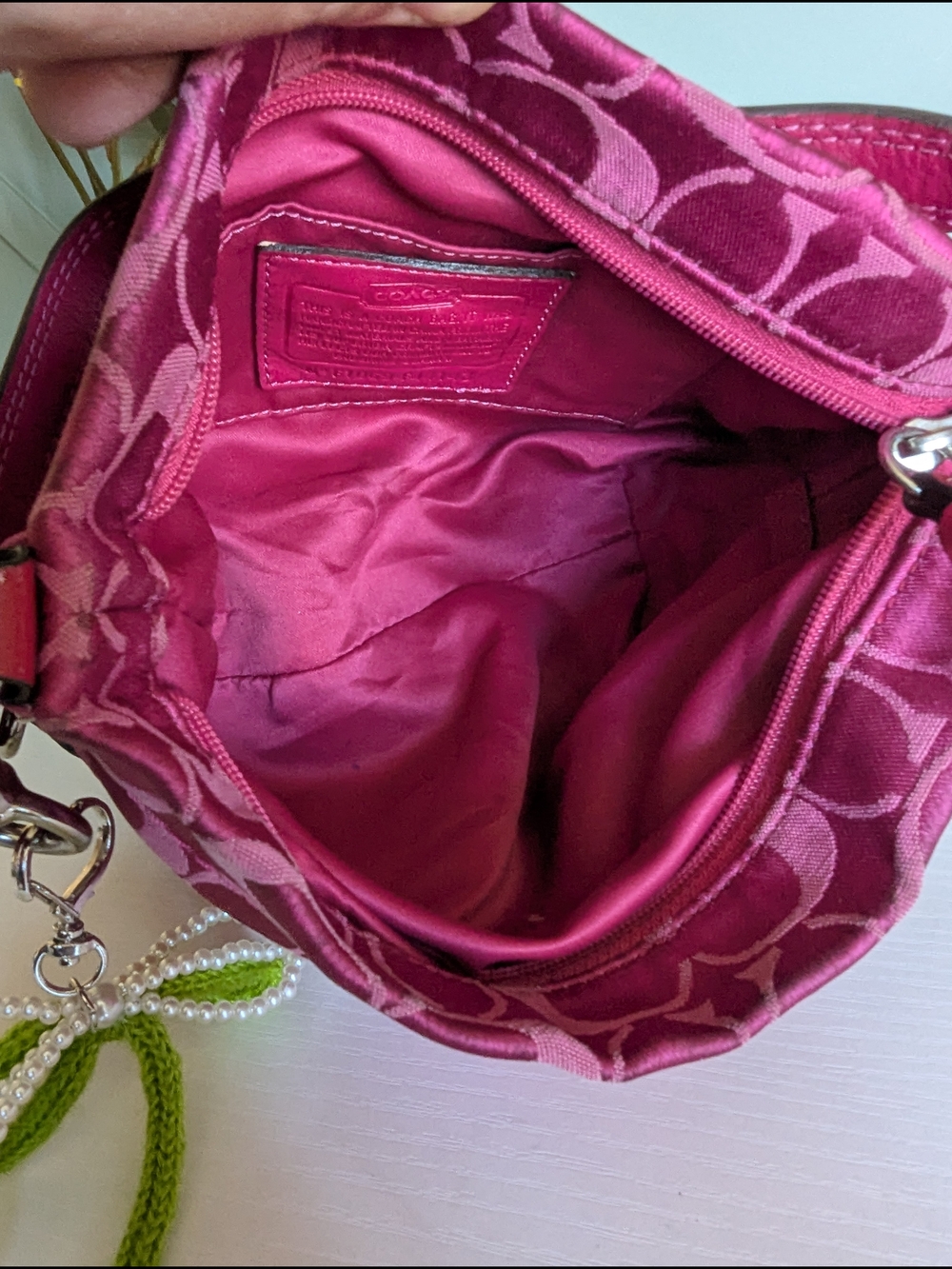 Coach Pink Signature Jacquard Shoulder Bag with Pearl Charm - Picture 14 of 16